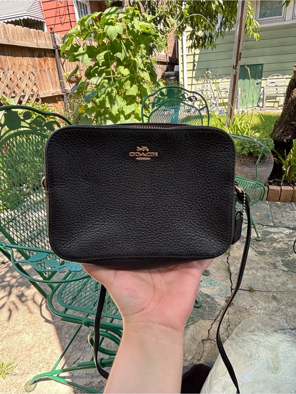 Coach Black Pebbled Leather Camera Crossbody with Gold Logo